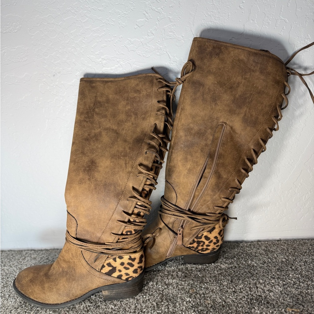 Very Volatile Tan Lace-Up Boots with Leopard Detail